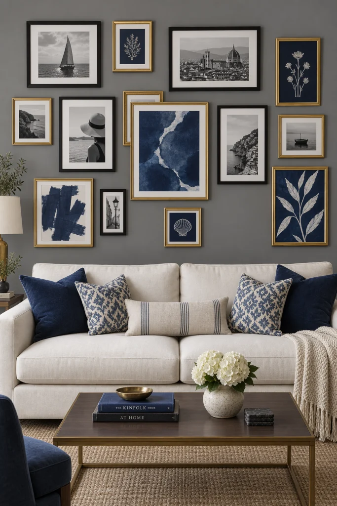 Navy toned gallery wall against grey living room wall