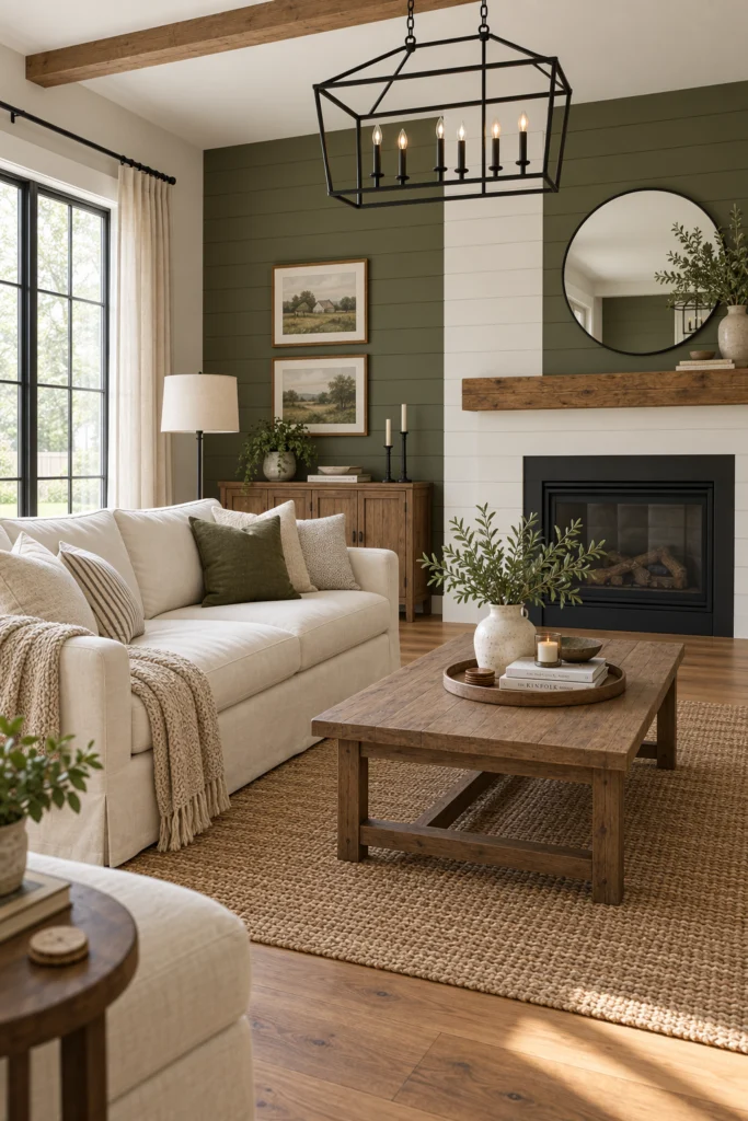Modern farmhouse living room with olive green accent wall