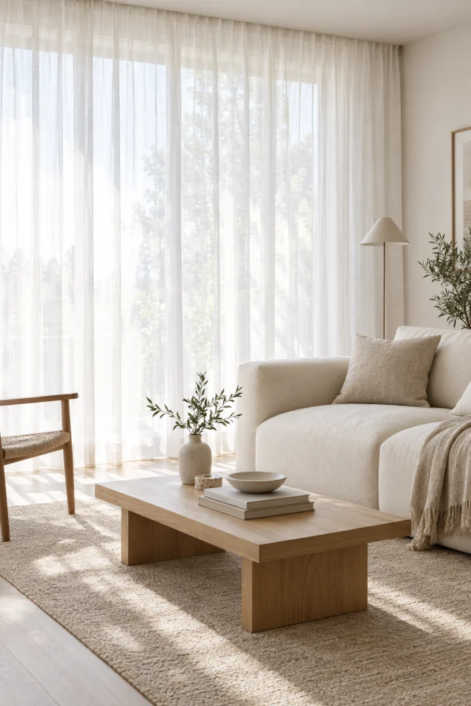 Sheer linen curtains filtering soft daylight into a bright living room
