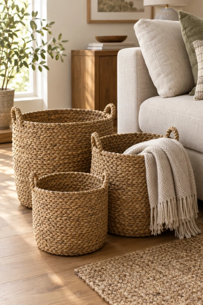 Handwoven seagrass storage baskets in a modern boho living room