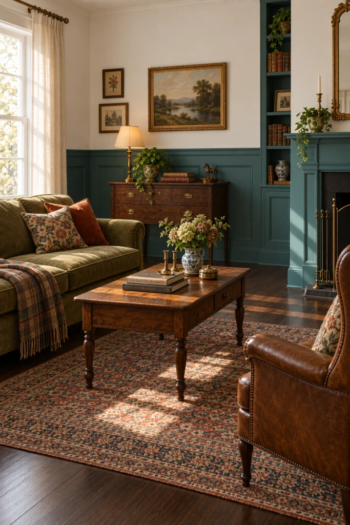 Teal wainscoting paired with white walls in living room