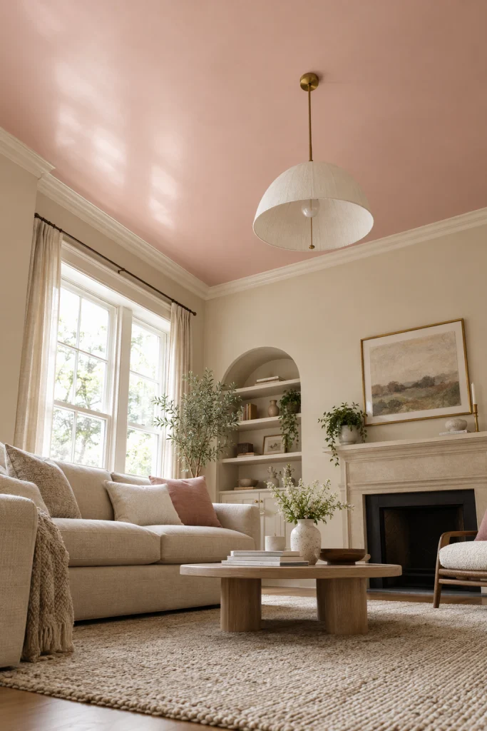 Blush pink painted ceiling above a beige living room