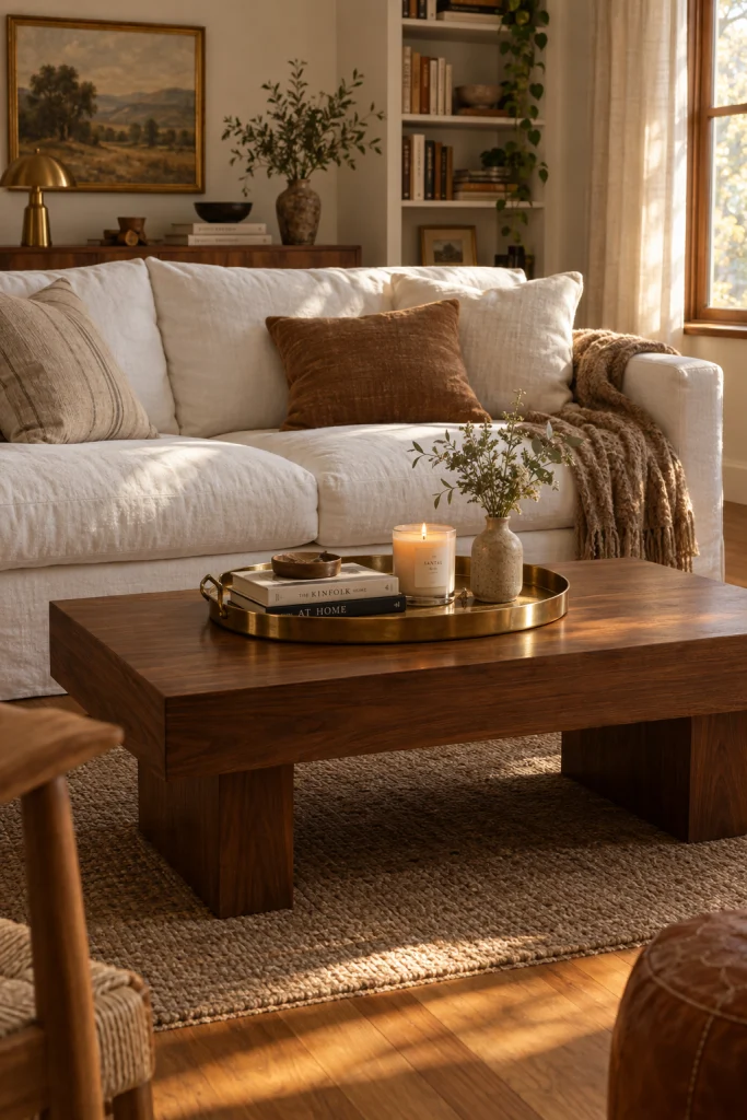 White couch paired with a warm wood coffee table for a grounded living room look