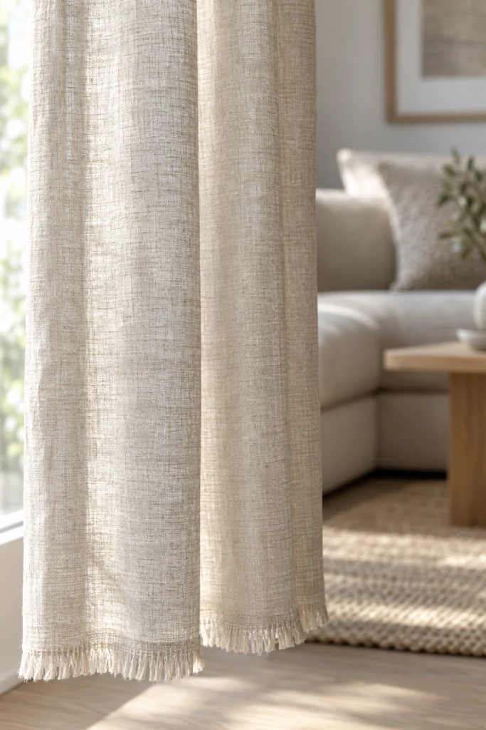 Fringe-trimmed curtain detail in a modern boho living room