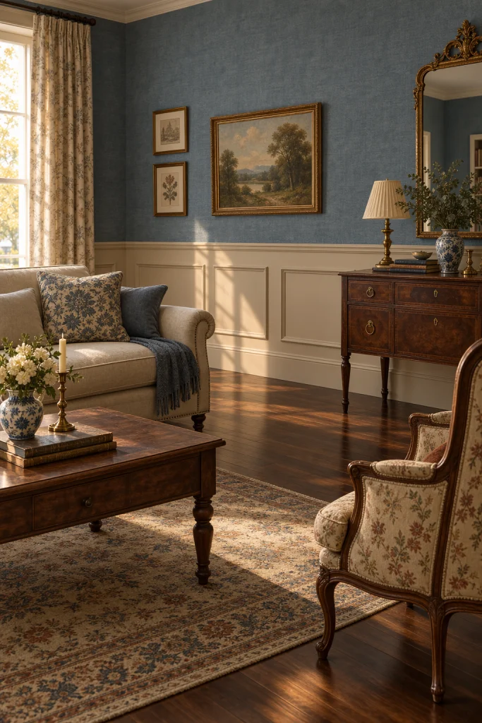 Beige wainscoting paired with dusty blue wallpaper above