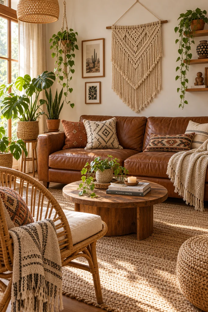 Boho living room with brown leather sofa and rattan accents