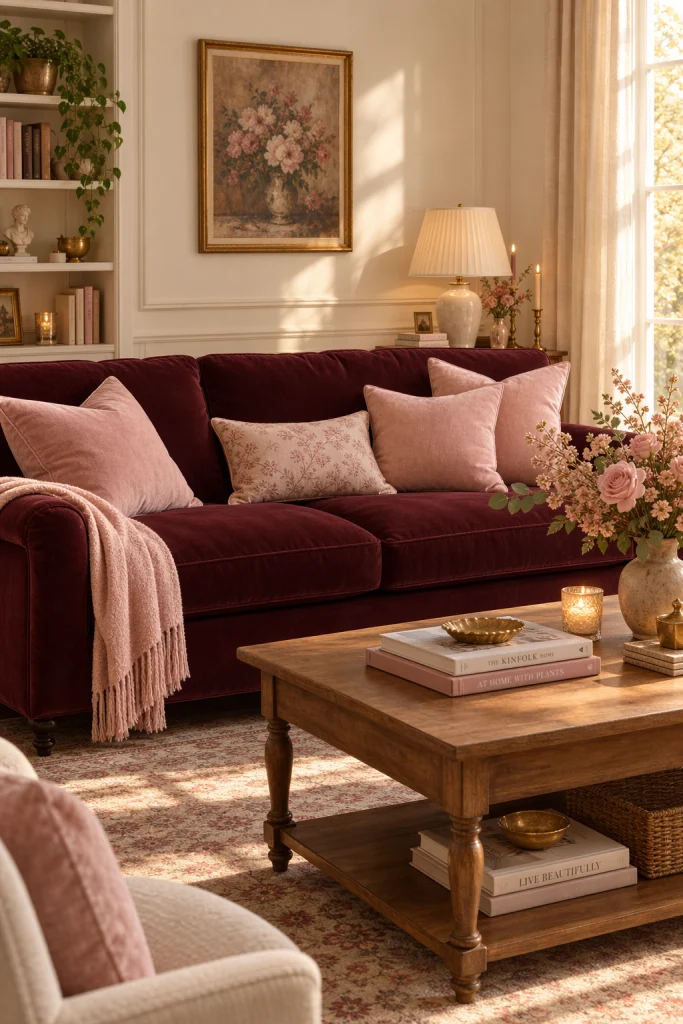 Burgundy sofa styled with blush pink throw pillows