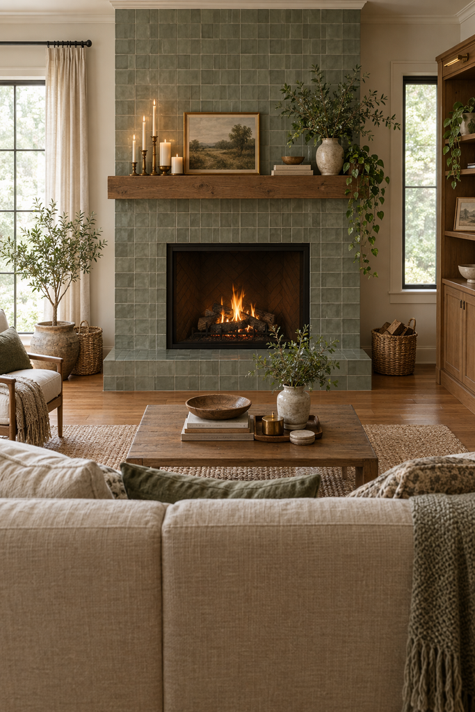 Sage green tile fireplace surround in a living room