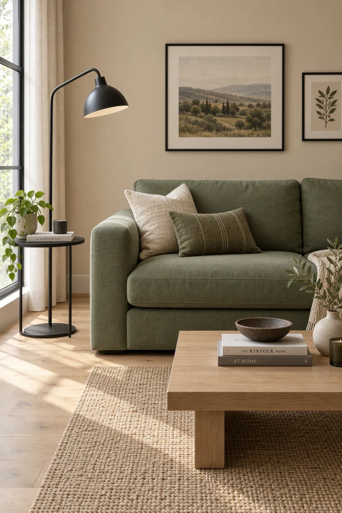 Sage green sofa with black metal accents against beige walls