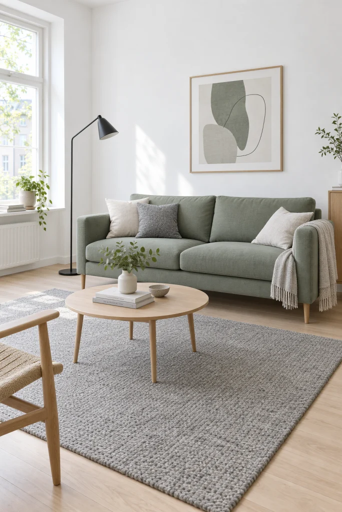 Scandinavian living room with sage green sofa and grey rug