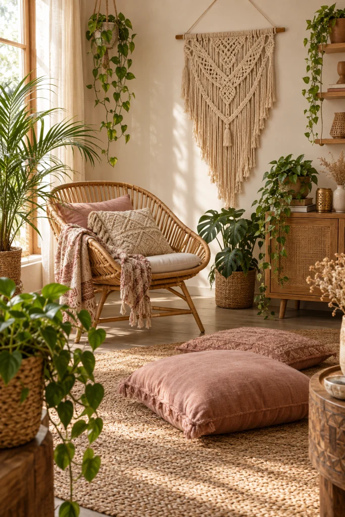 Boho living room with macrame, rattan, and dusty pink cushions
