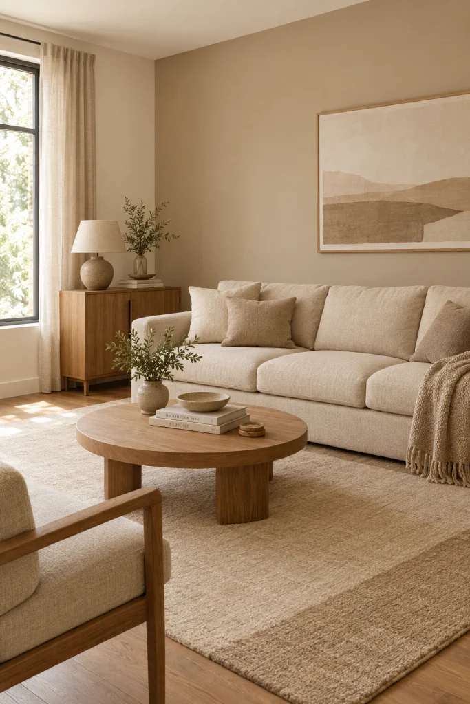 Monochrome tonal beige living room using three shades of the same color