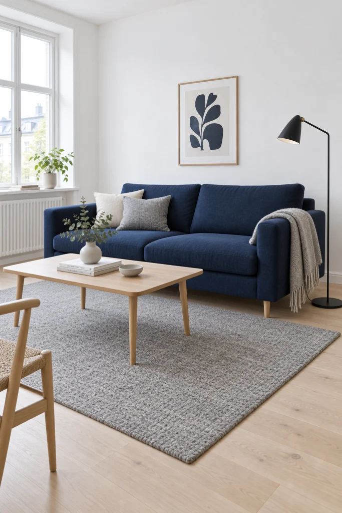 Scandinavian living room with navy blue sofa and grey rug