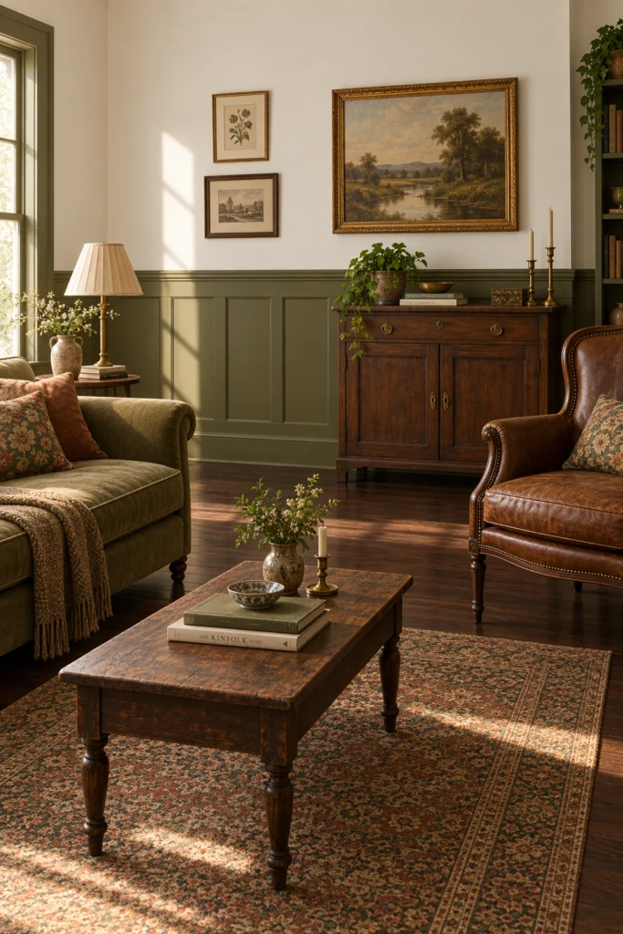 Olive green wainscoting paired with white walls above
