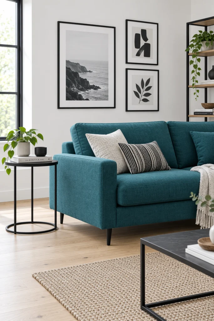 Teal sofa paired with black metal accents in modern living room