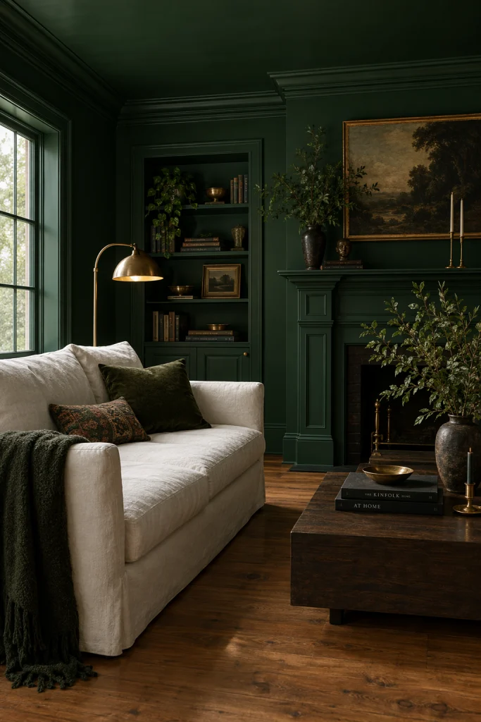 Color drenched green walls behind a white couch for a bold saturated living room
