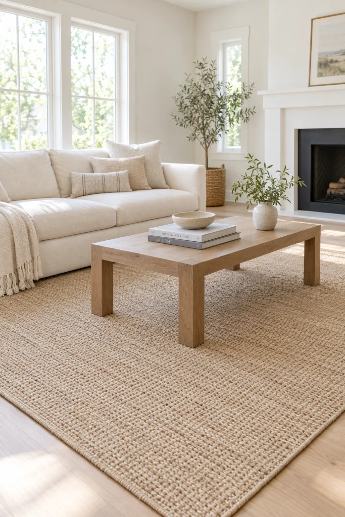 Light jute area rug anchoring a bright, neutral living room