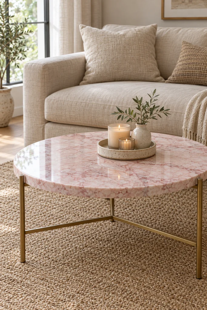 Pink marble coffee table in a beige living room