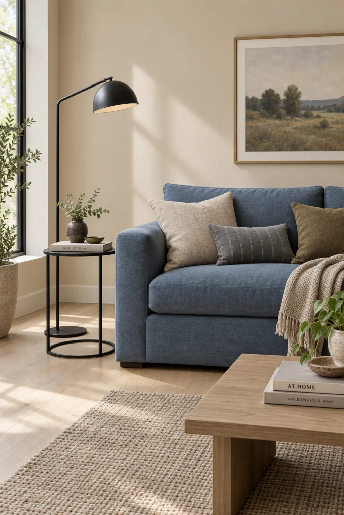 Dusty blue sofa with black metal accents against beige walls
