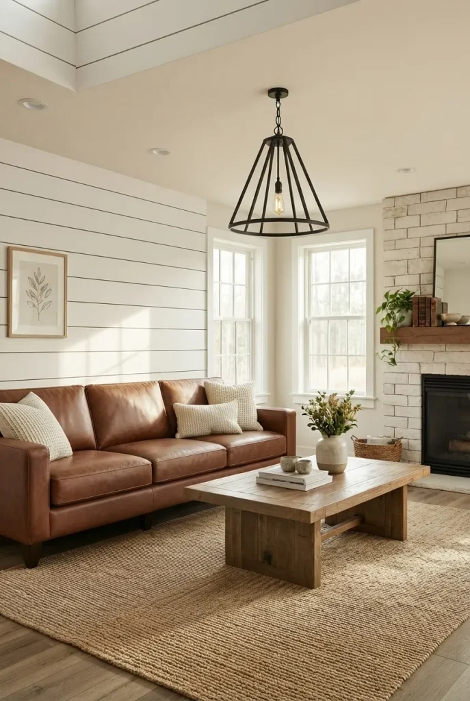 Modern farmhouse living room with brown leather sofa