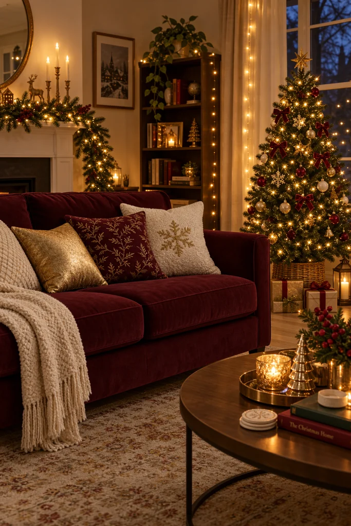 Burgundy sofa decorated for the holidays with gold pillows