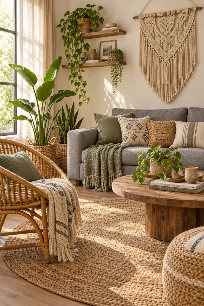 Boho living room with grey sofa and sage green plants