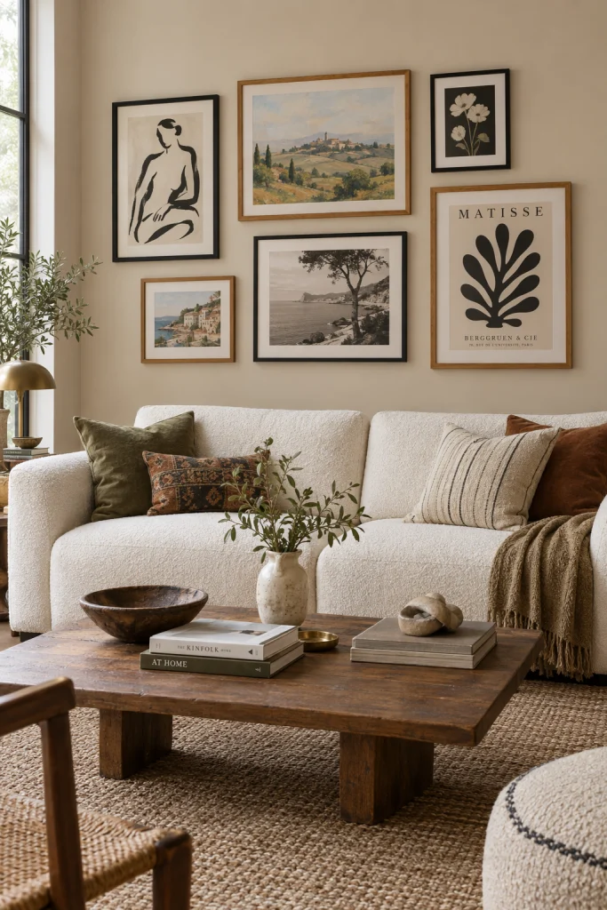 Gallery wall of framed art above a white couch in a living room