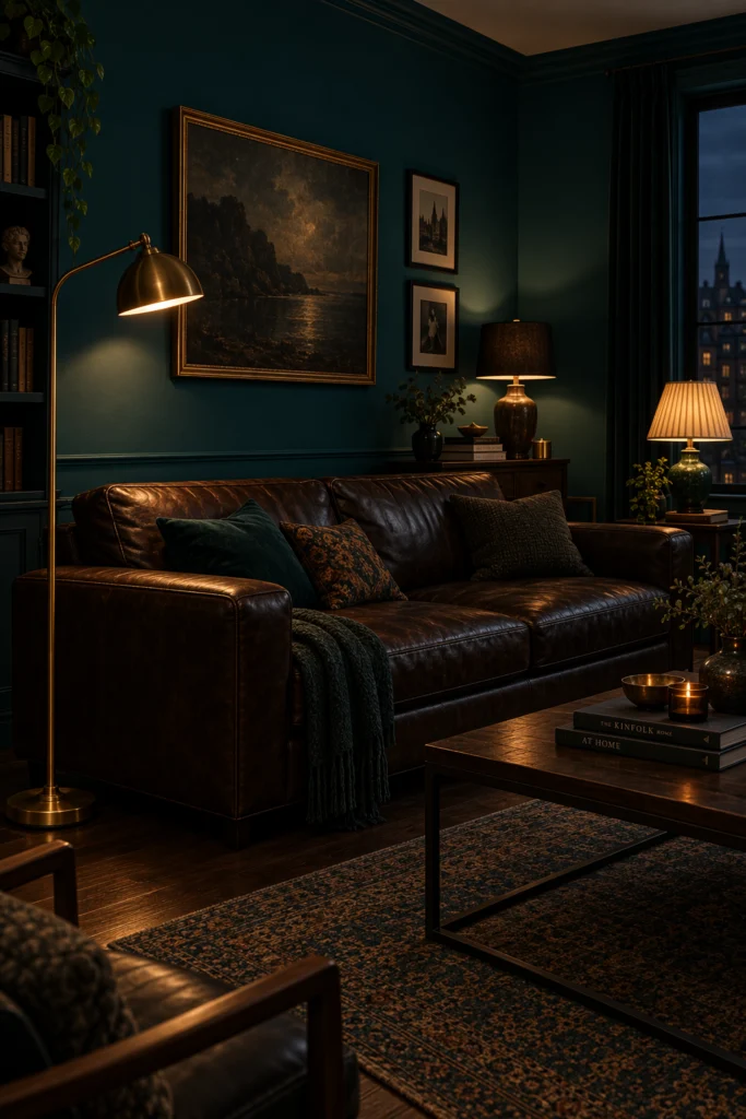 Moody deep teal living room with layered lamp lighting