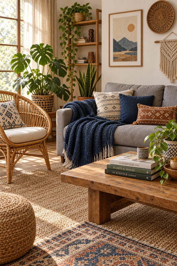 Boho living room with grey sofa and navy blue throw blanket