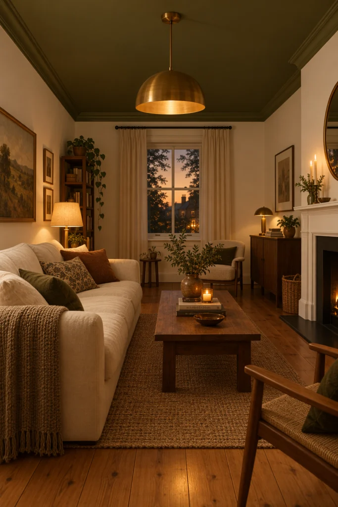 Olive green painted ceiling above cream sofa in living room
