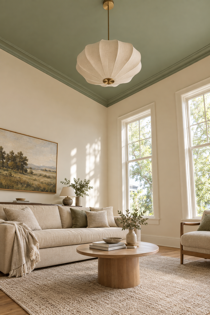 Sage green painted ceiling above a neutral living room