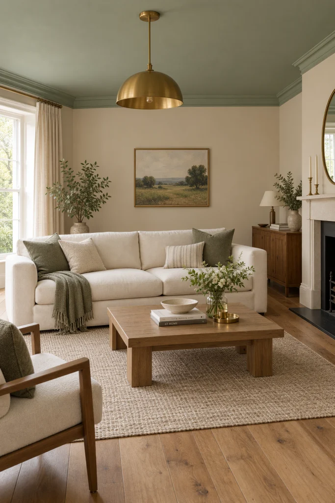 Sage green painted ceiling above beige living room walls