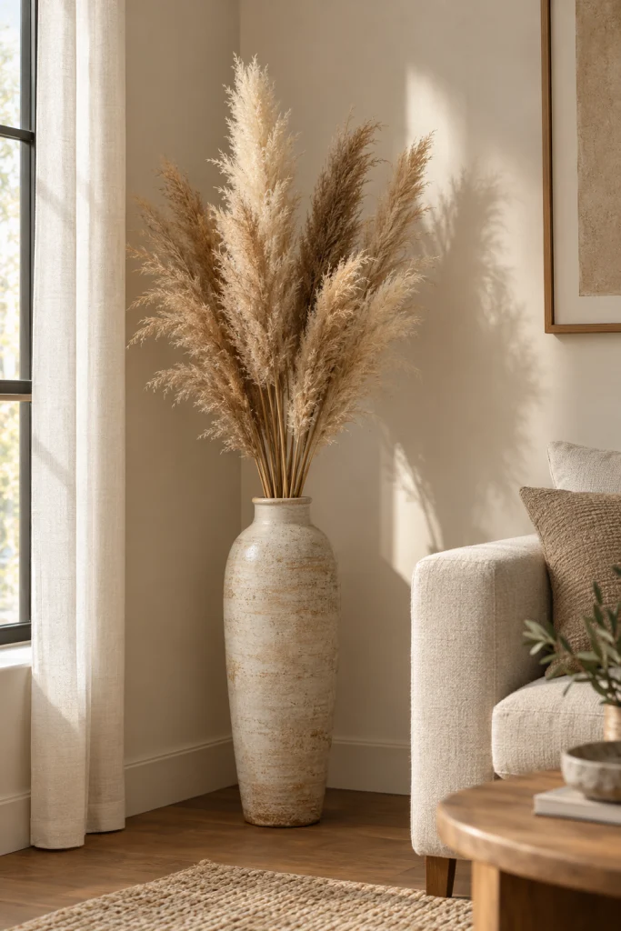 Dried pampas grass styled in a modern boho living room corner