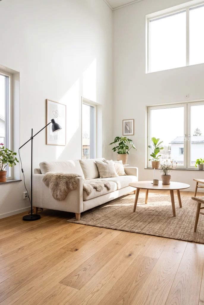 Scandinavian living room with light honey oak wood tones