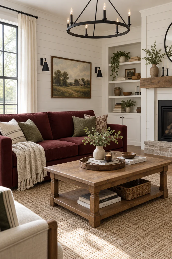 Modern farmhouse living room with burgundy sofa and shiplap wall