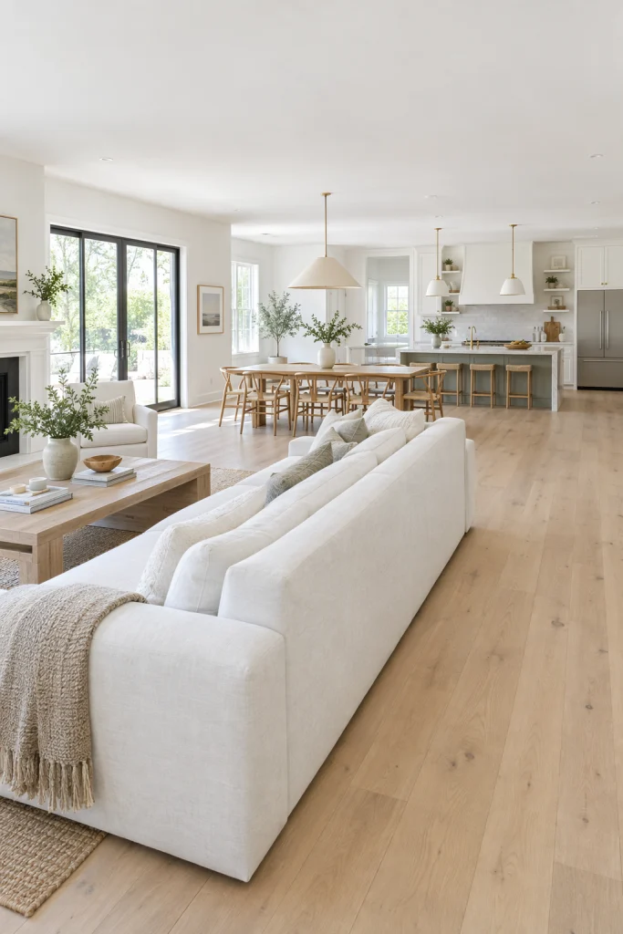 Low-back white couch in an open concept living room with open sightlines