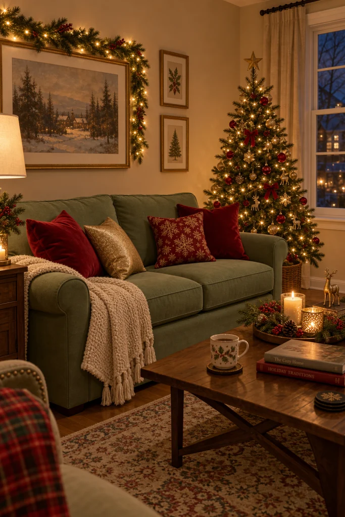 Green and beige living room decorated for the holidays