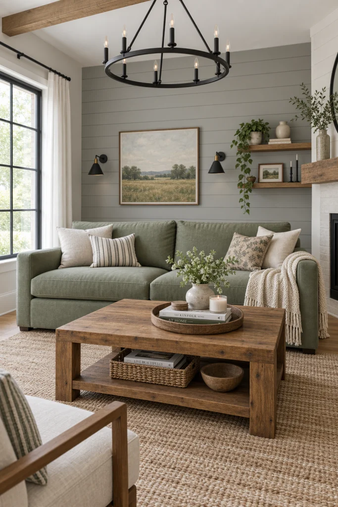Modern farmhouse living room with sage green sofa and grey shiplap