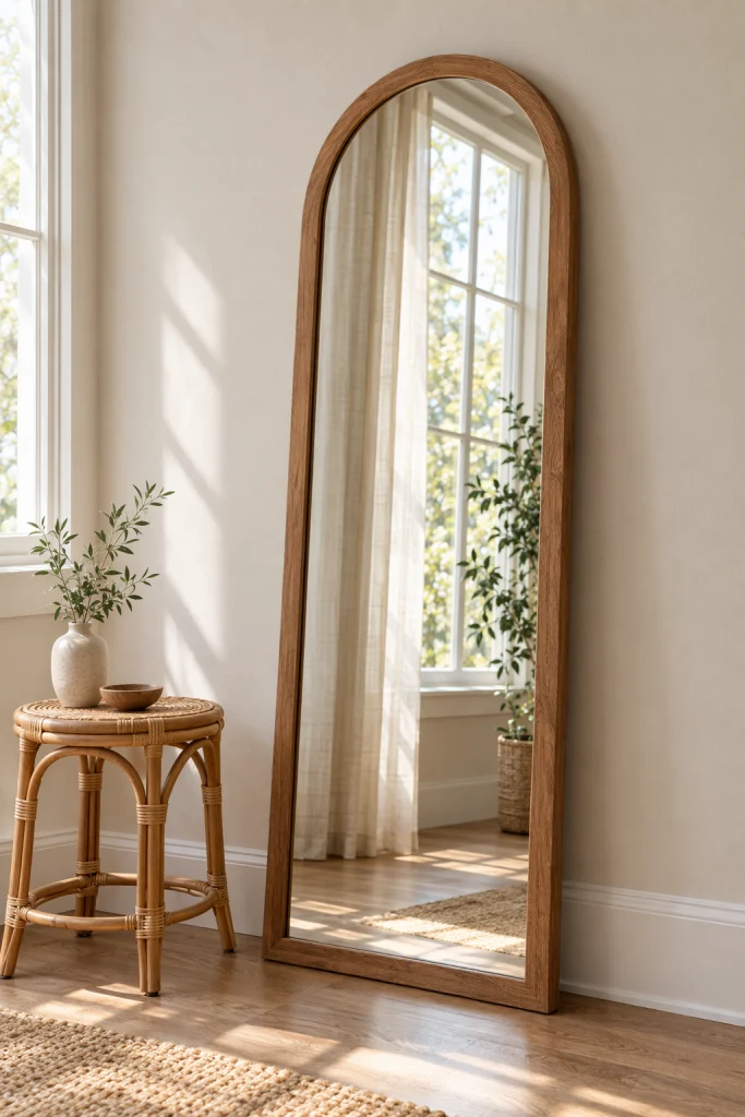 Arched wood-framed mirror in a modern boho living room