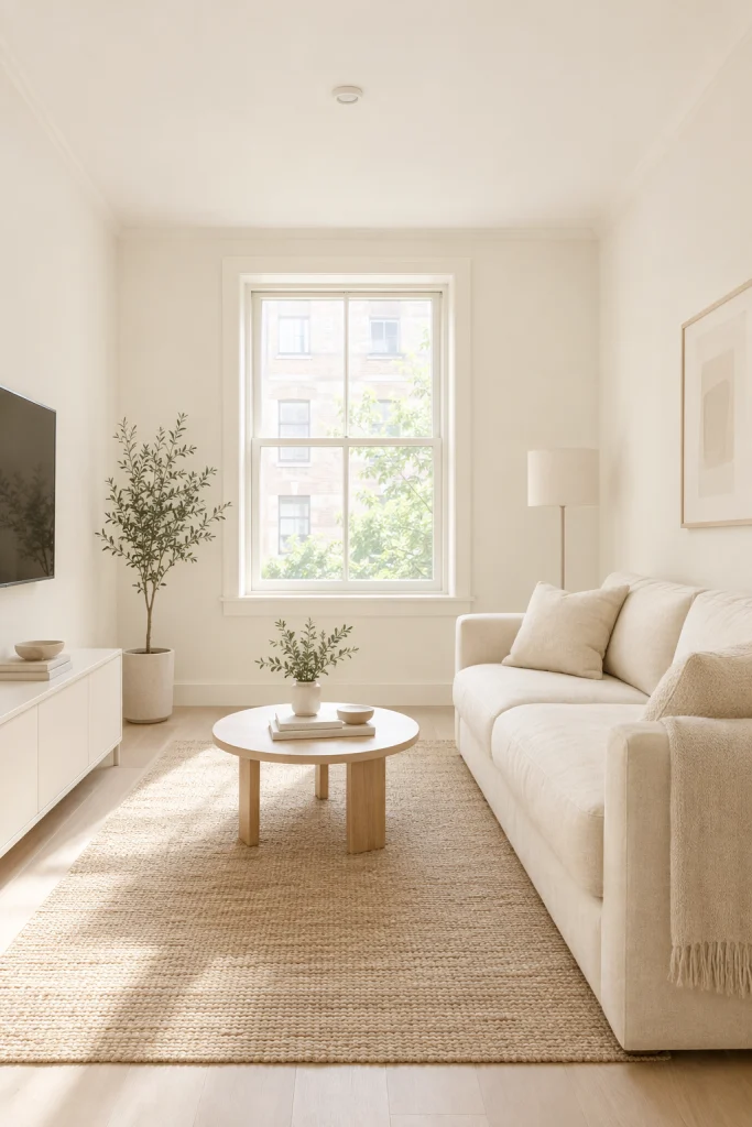 Small living room painted ceiling to floor in one light color to feel bigger