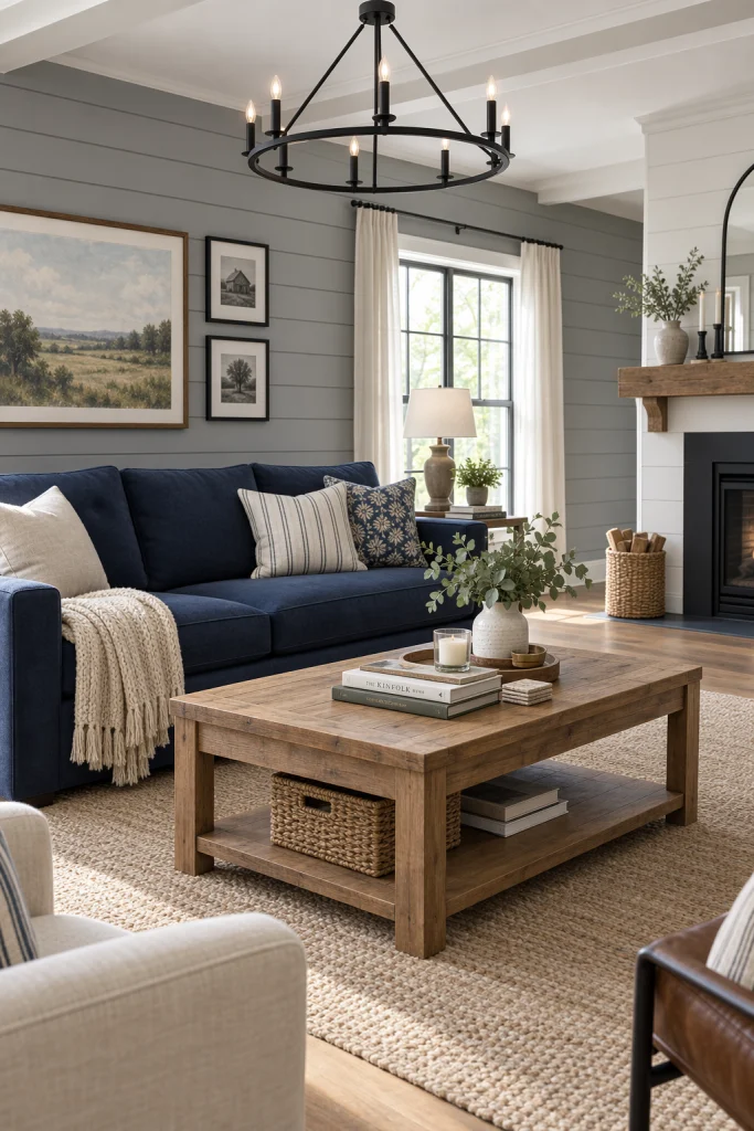 Modern farmhouse living room with navy blue sofa and grey shiplap