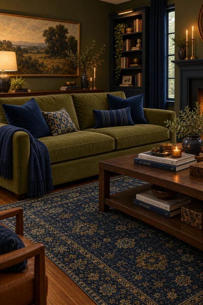 Olive green sofa layered with navy blue throw pillows