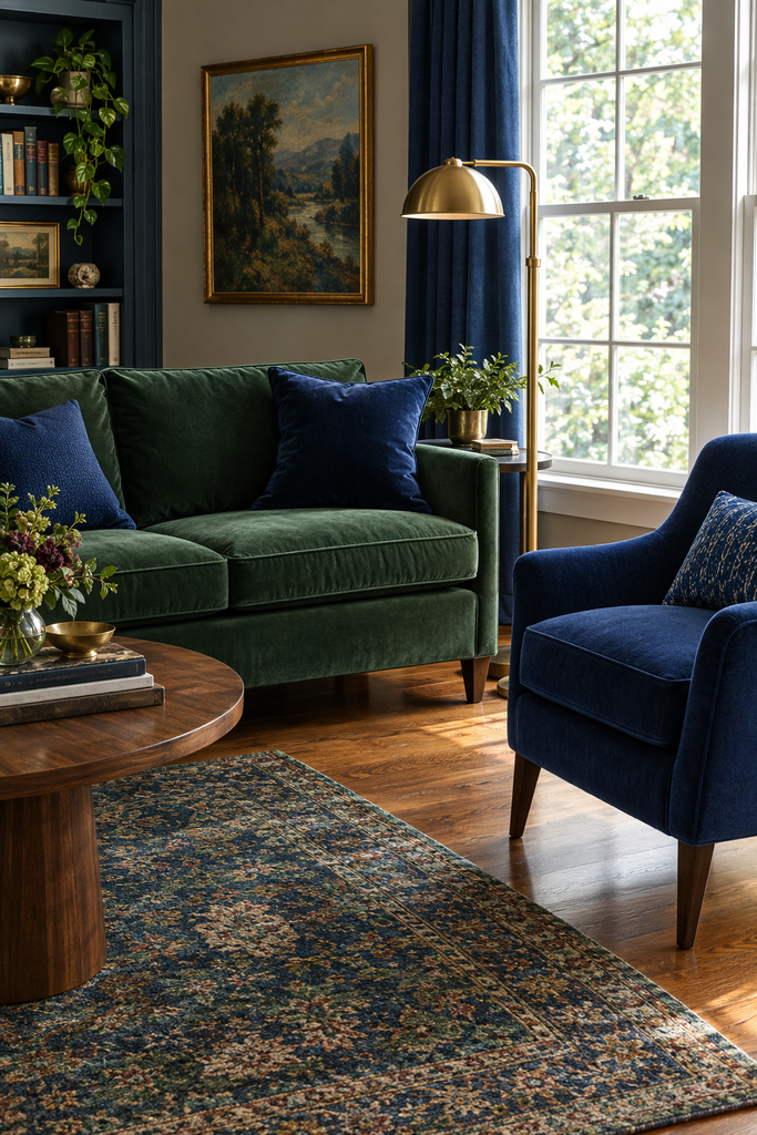 Green and navy jewel-tone living room combination