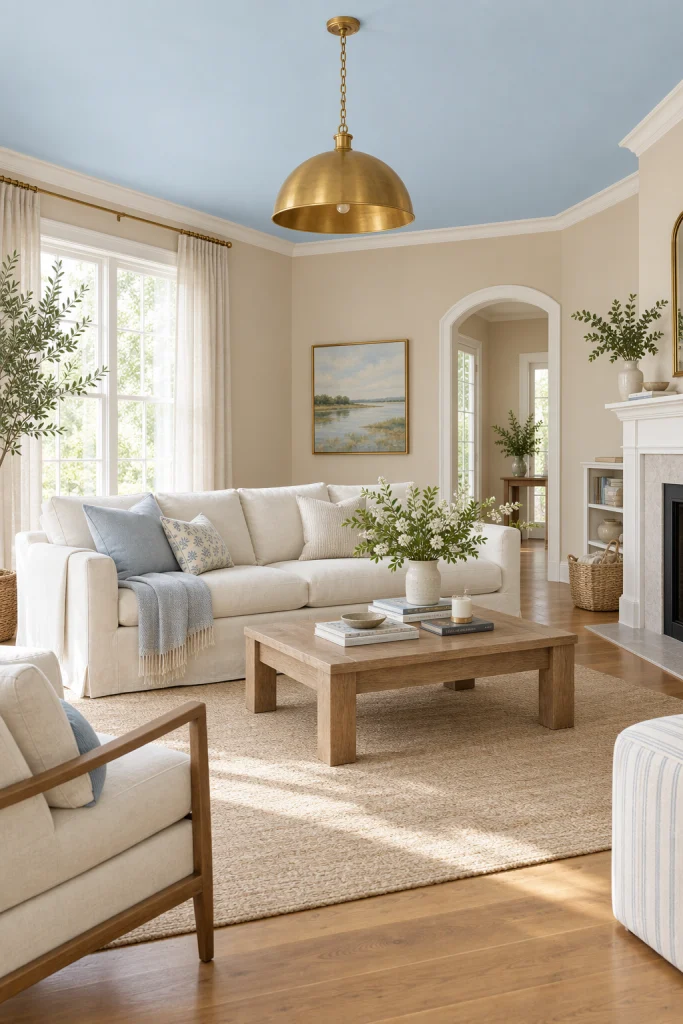 Powder blue painted ceiling above beige living room walls