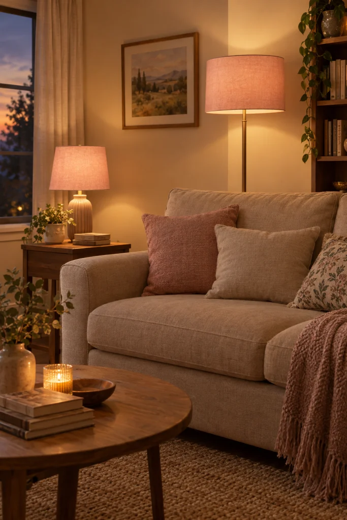 Blush pink lamp shades glowing in a beige living room at dusk