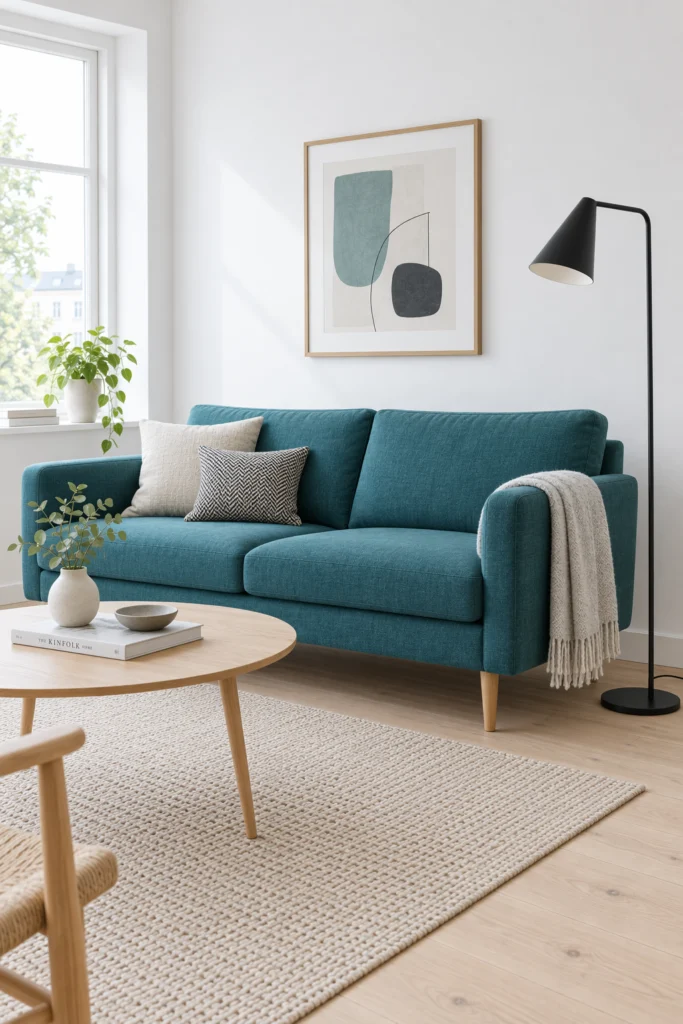 Scandinavian style living room with teal sofa and white walls