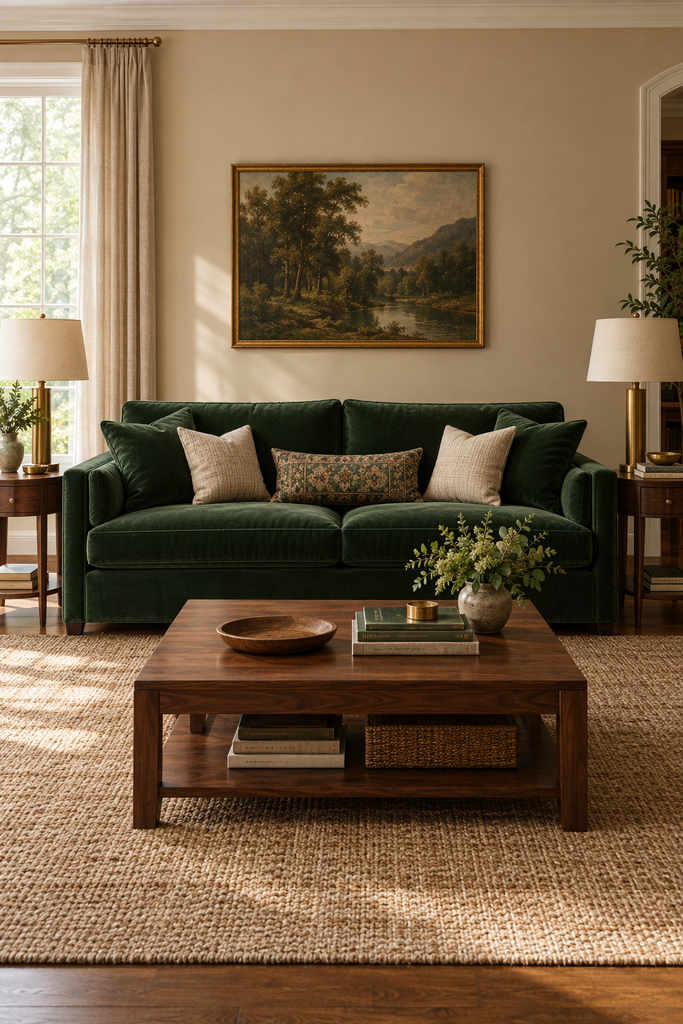 Forest green velvet sofa as the focal point of a neutral living room