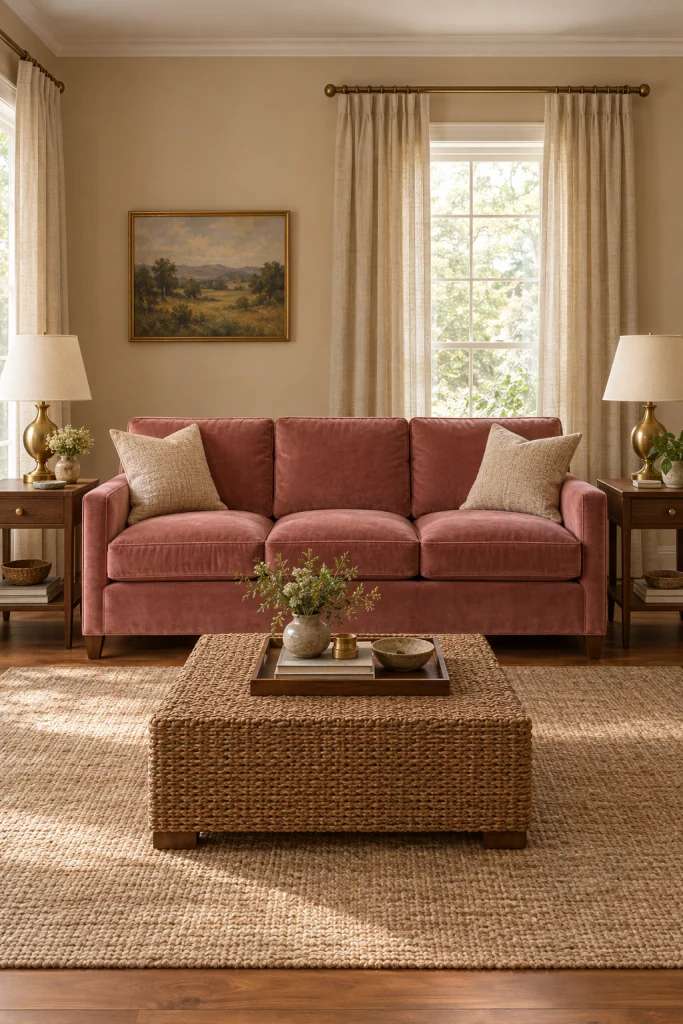 Dusty rose velvet sofa as the focal point of a beige living room