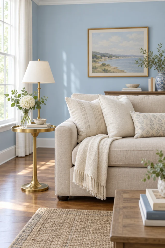 Beige sofa against soft powder blue living room walls