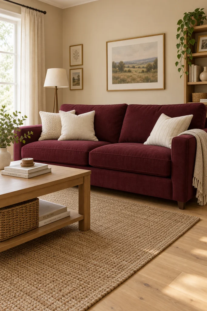 Burgundy fabric sofa against warm beige living room walls